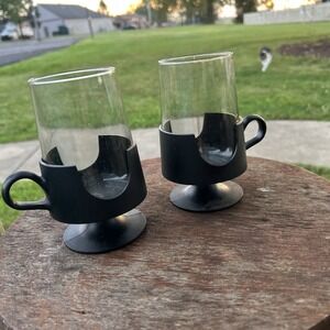 Set Of 2 Vintage Corning Glas-Snap Mugs Black Base Smoke Glassware Mugs